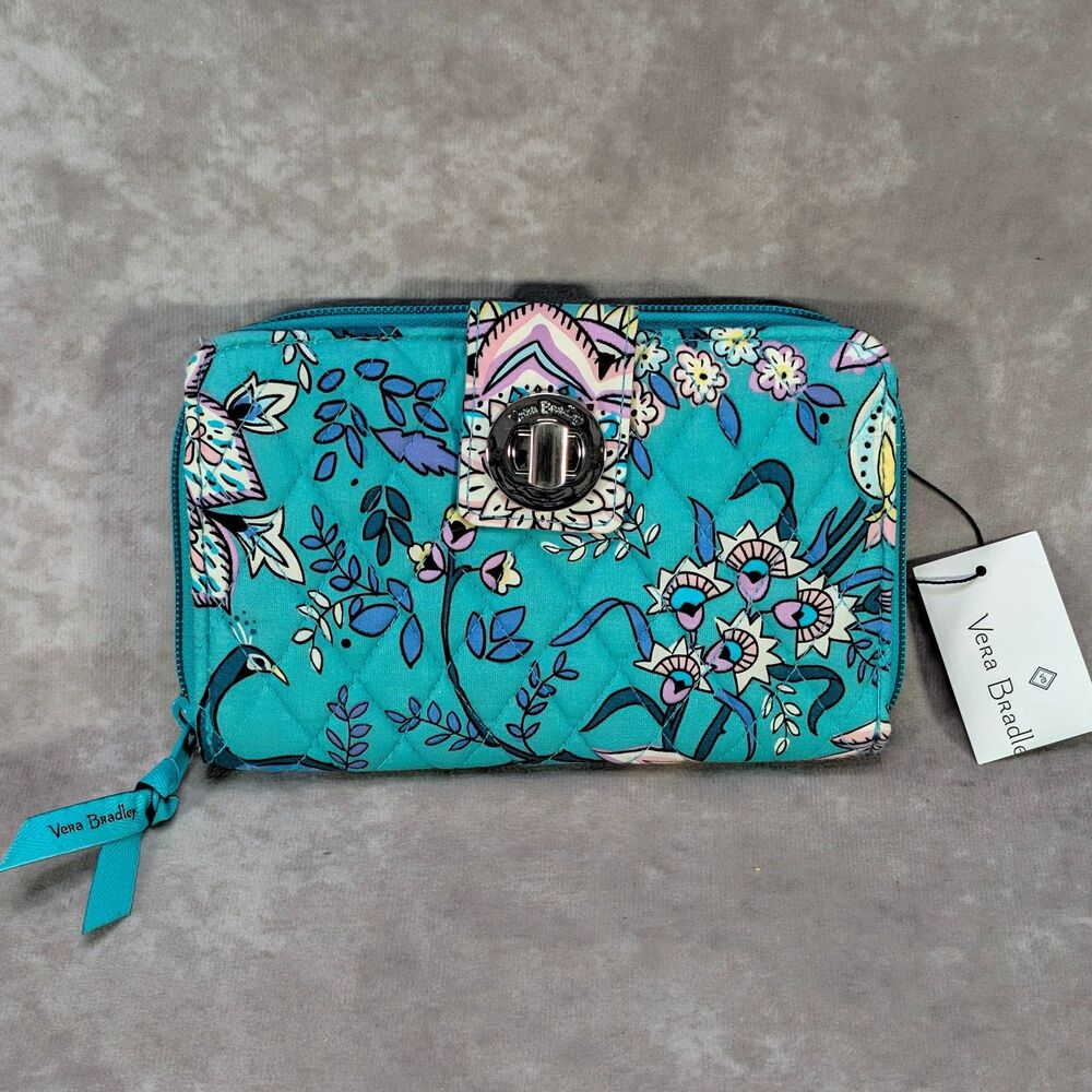 Vera Bradley RFID Turnlock Wallet Peacock Garden Quilted Zip Clutch 24887 NWT